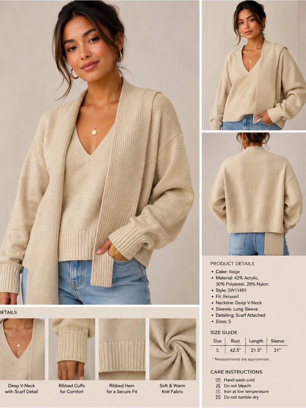 Beige V-Neck Scarf Detail Sweater - Women